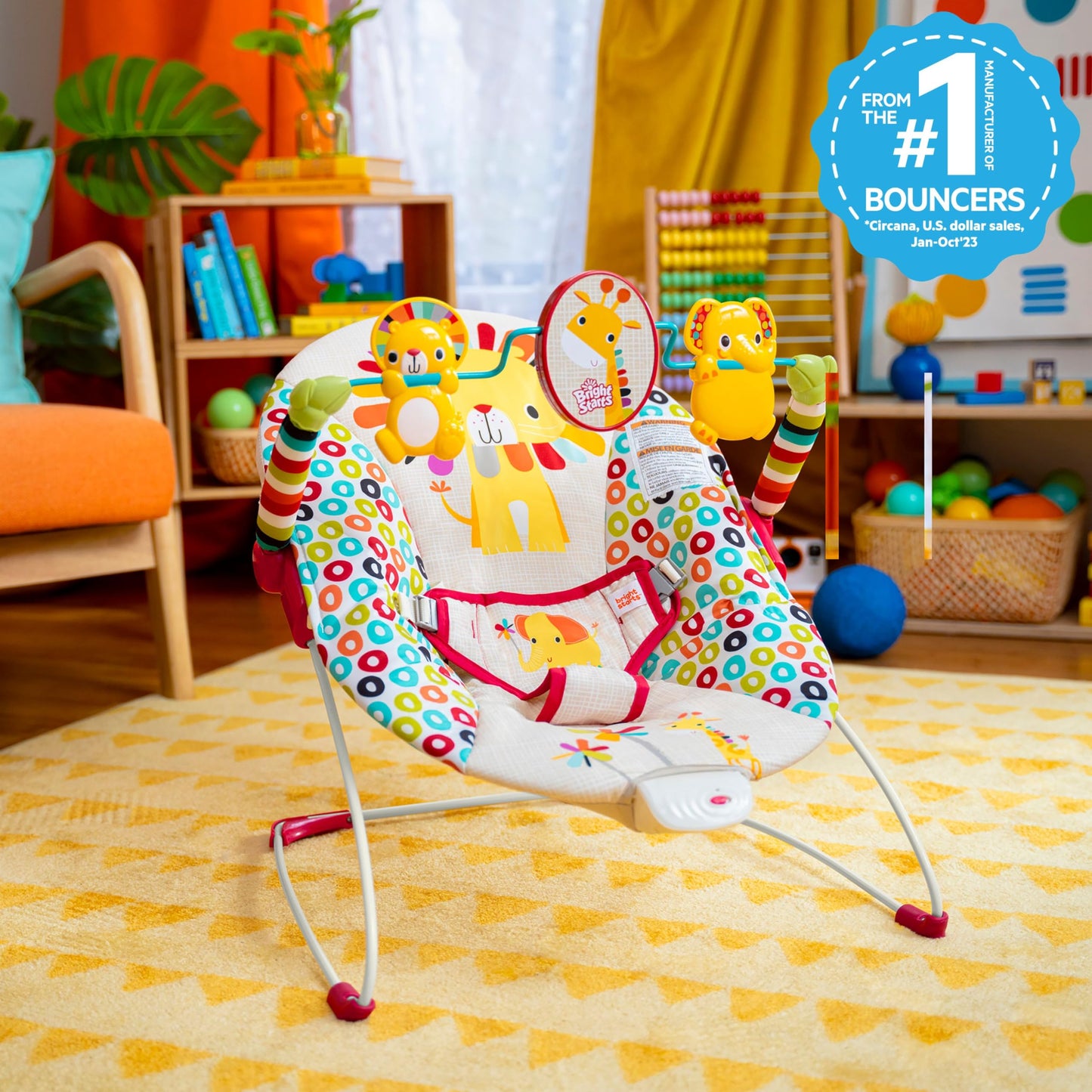 Bright Starts Playful Pinwheels Bouncer with colorful fabric seat and adjustable toy bar for infants.
