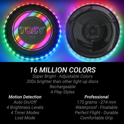 TOSY Flying Disc - 108 RGB Multicolor LEDs, Super Bright, Smart Modes, Christmas Stocking Stuffers Gift, Camping Toy for Kid/Teen/Adult, Auto Light Up, Rechargeable, Waterproof, 175g