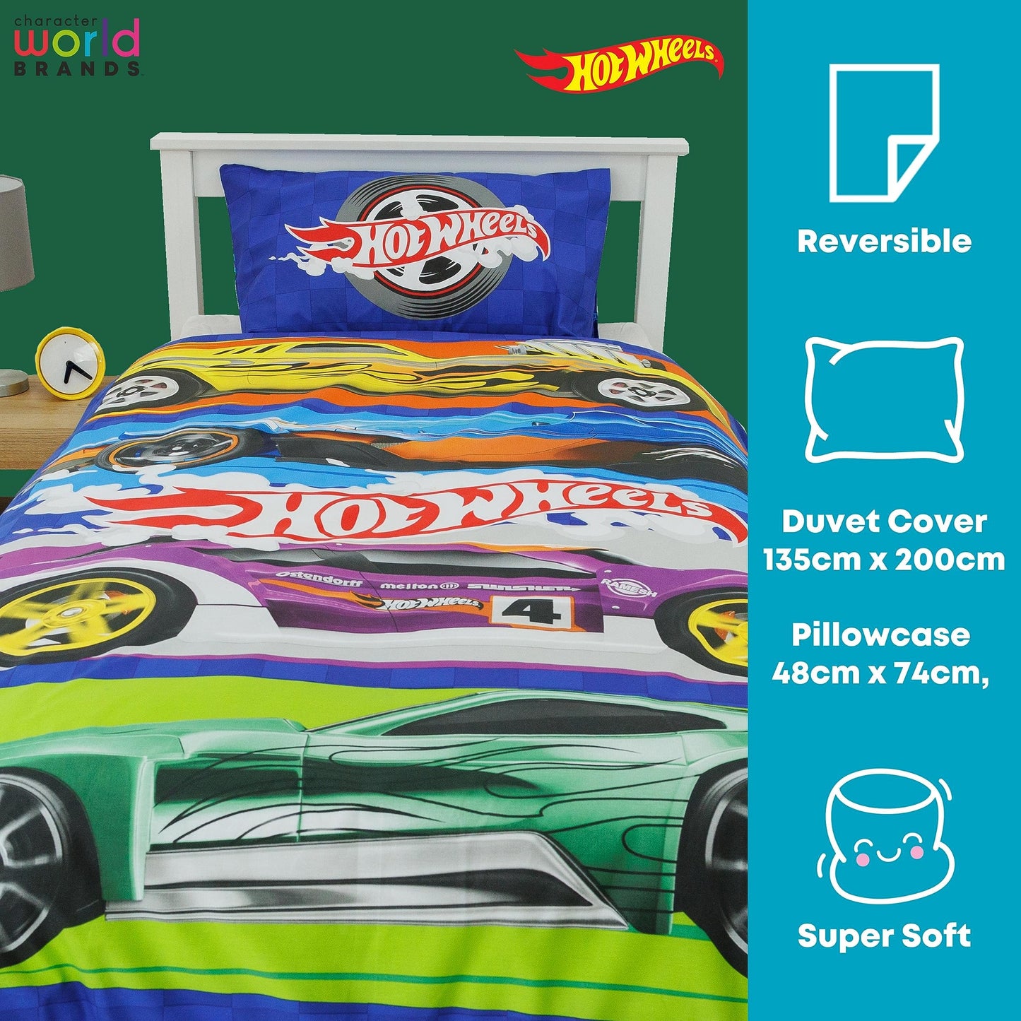 Hot Wheels Officially Licensed Beast Design Single Duvet Cover Set | Reversible 2 Sided Cars Bedding Including Matching Pillow Case | Perfect For Kids Bedroom | Polycotton, Blue