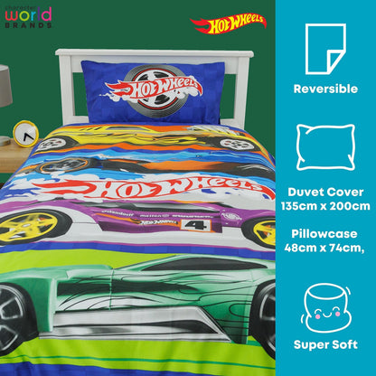 Hot Wheels Officially Licensed Beast Design Single Duvet Cover Set | Reversible 2 Sided Cars Bedding Including Matching Pillow Case | Perfect For Kids Bedroom | Polycotton, Blue