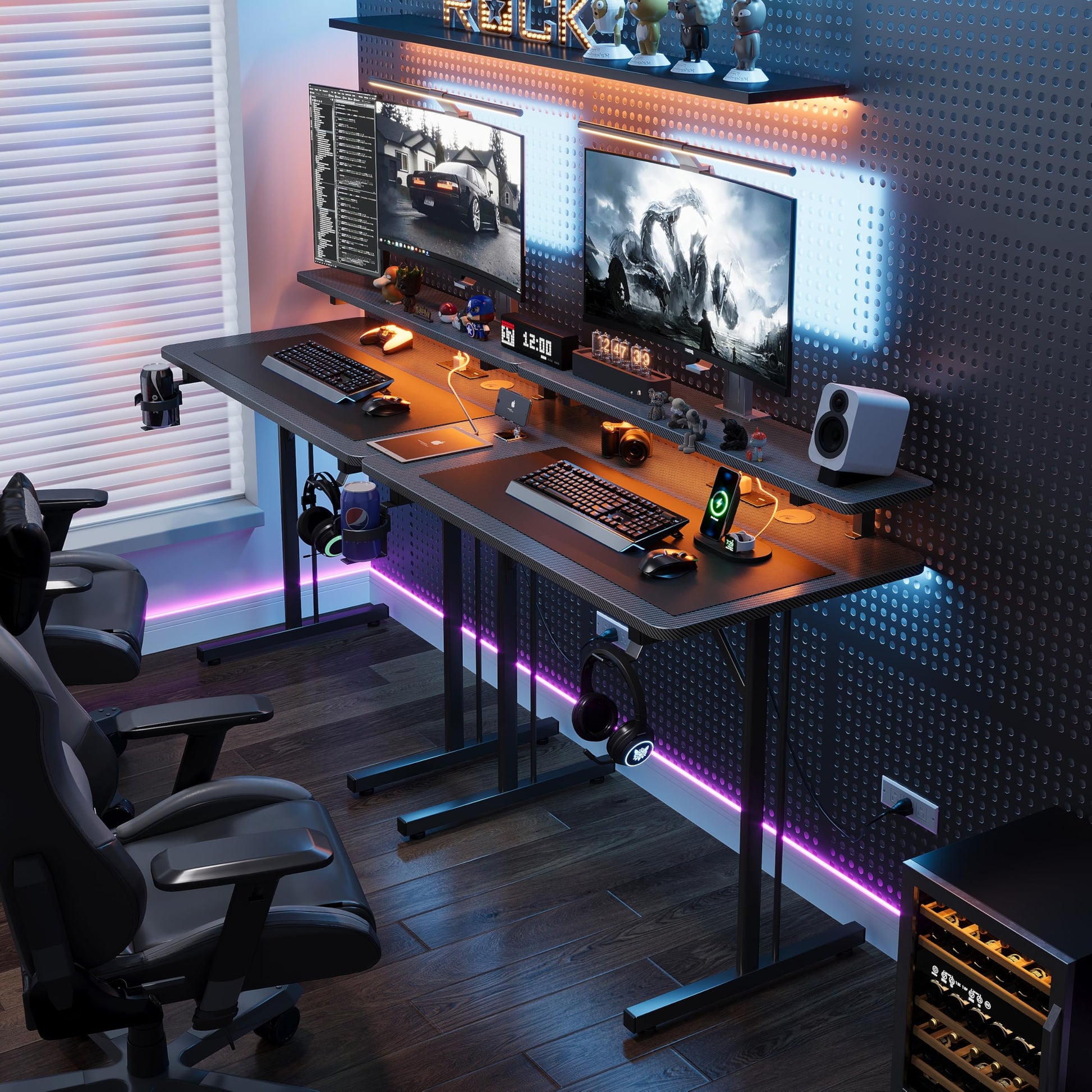 CAIYUN small gaming desk with LED lighting, power outlets, full monitor stand, black carbon fiber surface, metal frame for home office