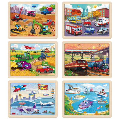 SYNARRY Wooden Vehicle Puzzles for Kids 3 4 5 6 7 8 Year Olds, 6 Packs 60 Piece Children’s Jigsaw Puzzles, Preschool Educational Toys Game Gifts for Toddlers Ages 4-8