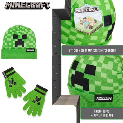 Minecraft Beanie or Winter Accessories Set | 3 Pcs with Scarf & Gloves | 2 Pcs with Gloves | or 1 Pcs Beanie or Bucket Hat (6-14 Years, Green Hat & Gloves)