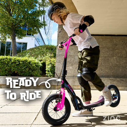 Zinc Radikal BMX Scooter for Kids Ages 6+ – 12 Inch Big Wheel Stunt Scooters with 360 Degree Handlebar Spin, Front & Rear Brakes, Steel Frame, Off-Road Tyres, Pink