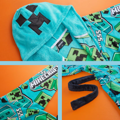 Get Trend Minecraft Dressing Gown Boys & Teens, Fleece Hooded Bathrobe, Creeper Loungewear Nightwear, Gamer Gifts for Boys (7-8 Years, Blue Minecraft)