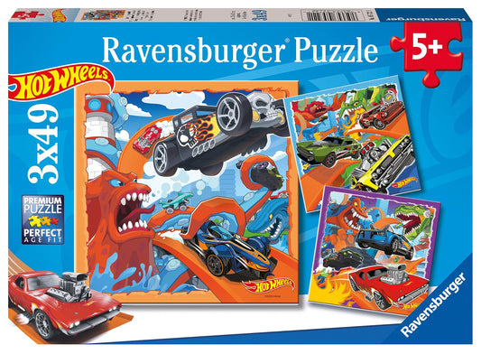 Three Ravensburger Hot Wheels jigsaw puzzles featuring colorful cars, designed for kids aged 5 and up.