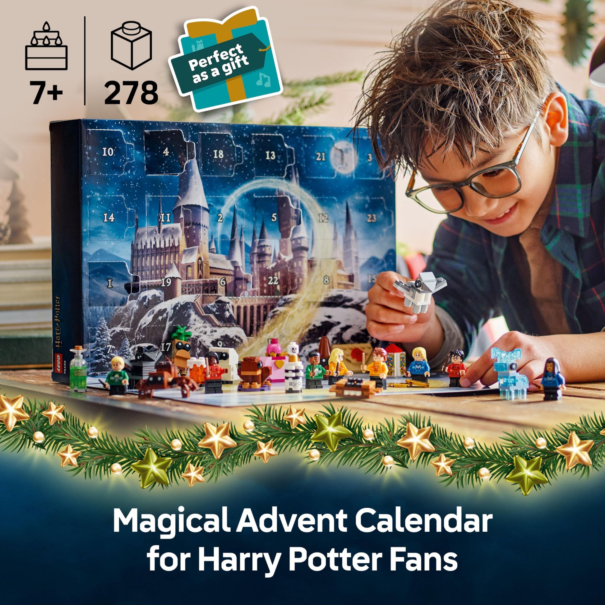 LEGO Harry Potter Advent Calendar 2025 featuring 8 festive minifigures and mini builds for Christmas countdown.