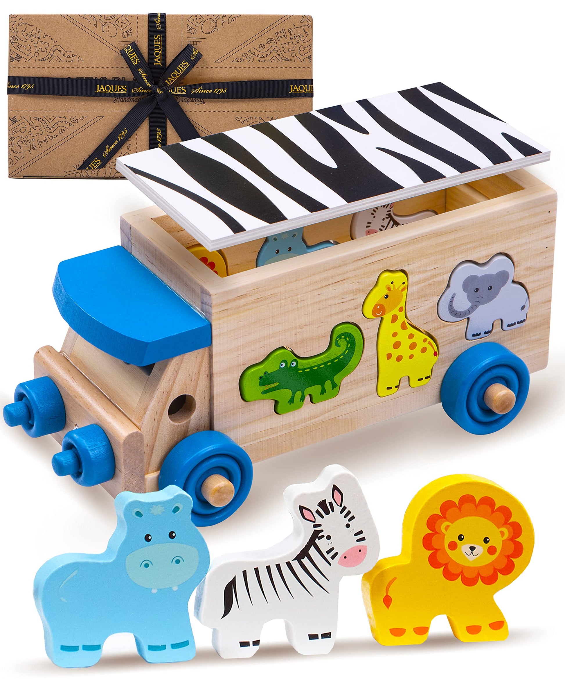 Wooden shape sorter toy by Jaques of London featuring a safari bus and animal shapes for toddlers aged 1 to 3 years.