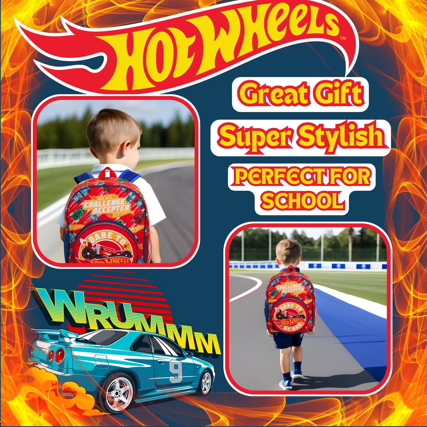Hot Wheels Backpack For Kids Large Cars School Travel Sports Bag with Drinks Holder
