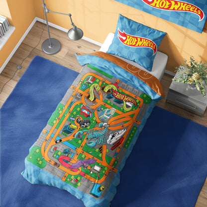 Hot Wheels Dino City single duvet cover set featuring vibrant car designs and reversible style, perfect for kids' bedrooms.