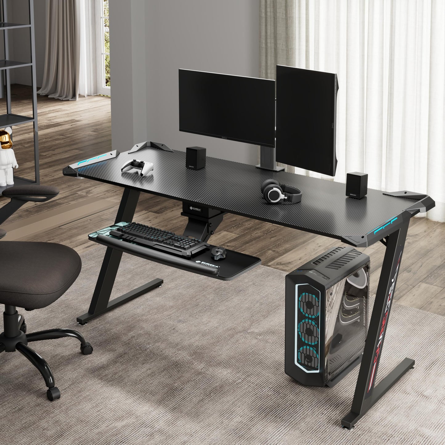 EUREKA ERGONOMIC Gaming Desk with Led Lights 156×64cm Large RGB Ergonomic Gaming Computer Desk for Home Office Work Study Writing with Mouse Pad, Easy to Assemble, Carbon Fiber Black