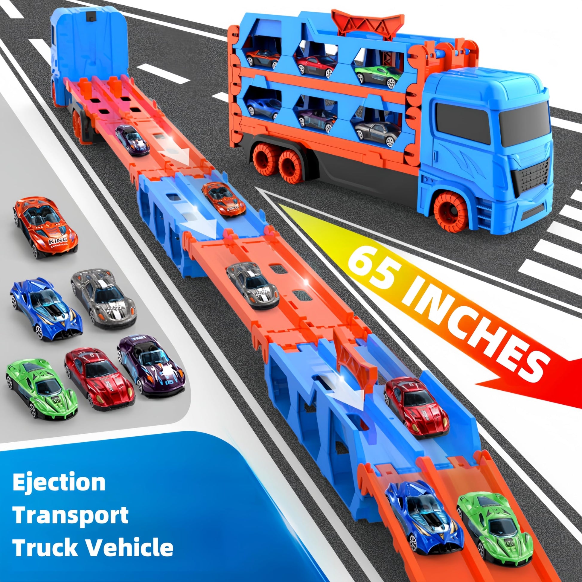 Bearbao toddler car toys set with a 65-inch race track and die-cast transport truck for boys aged 2 to 6 years.
