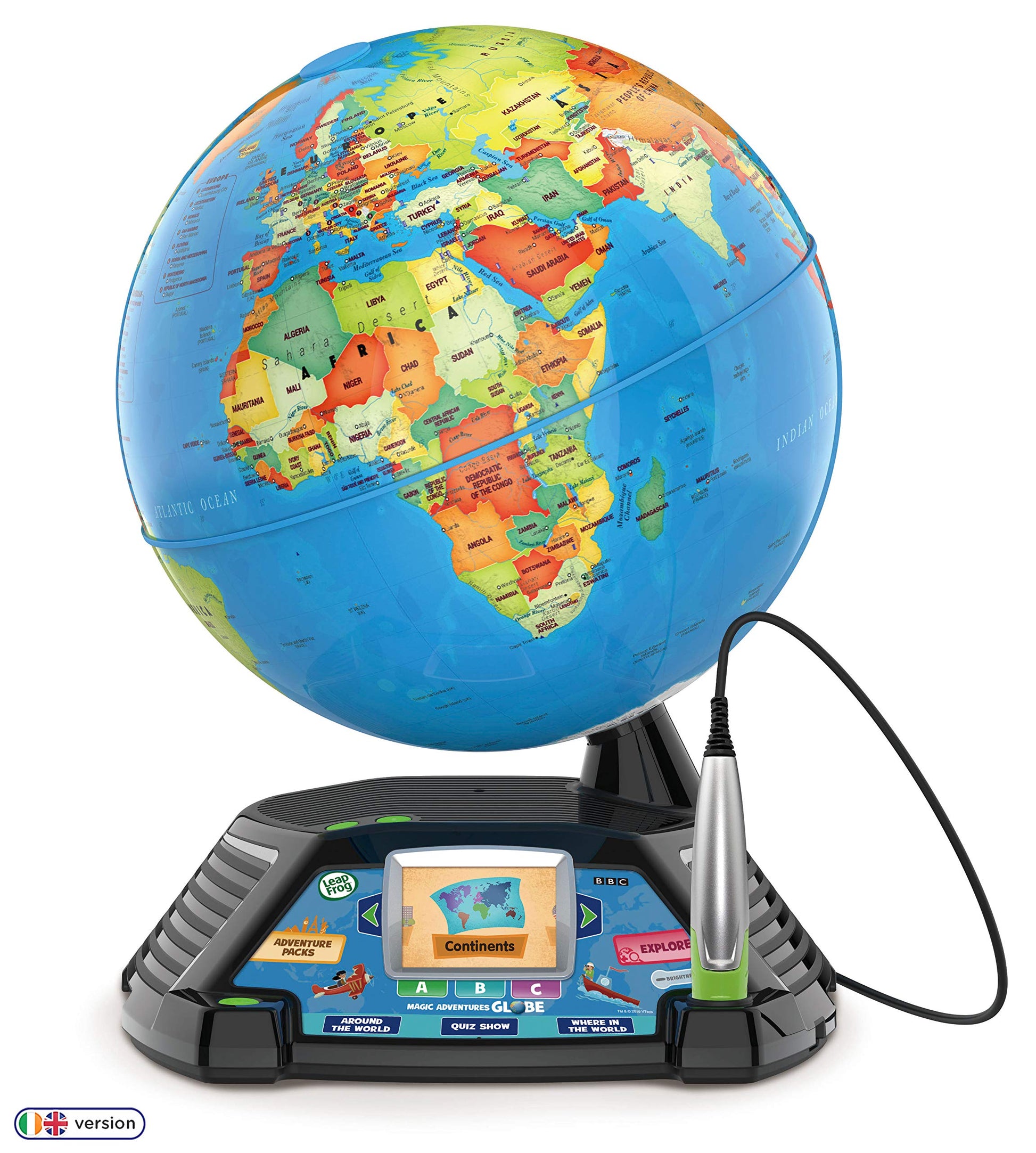 LeapFrog Magic Adventures Globe for kids featuring a 2.7-inch LCD screen, interactive educational globe with games and activities.