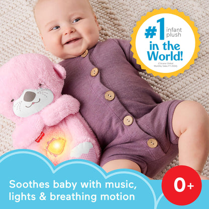Pink plush Fisher-Price Baby Soothe ‘n Snuggle Otter toy with lights, breathing motion, and sound machine features for newborns.