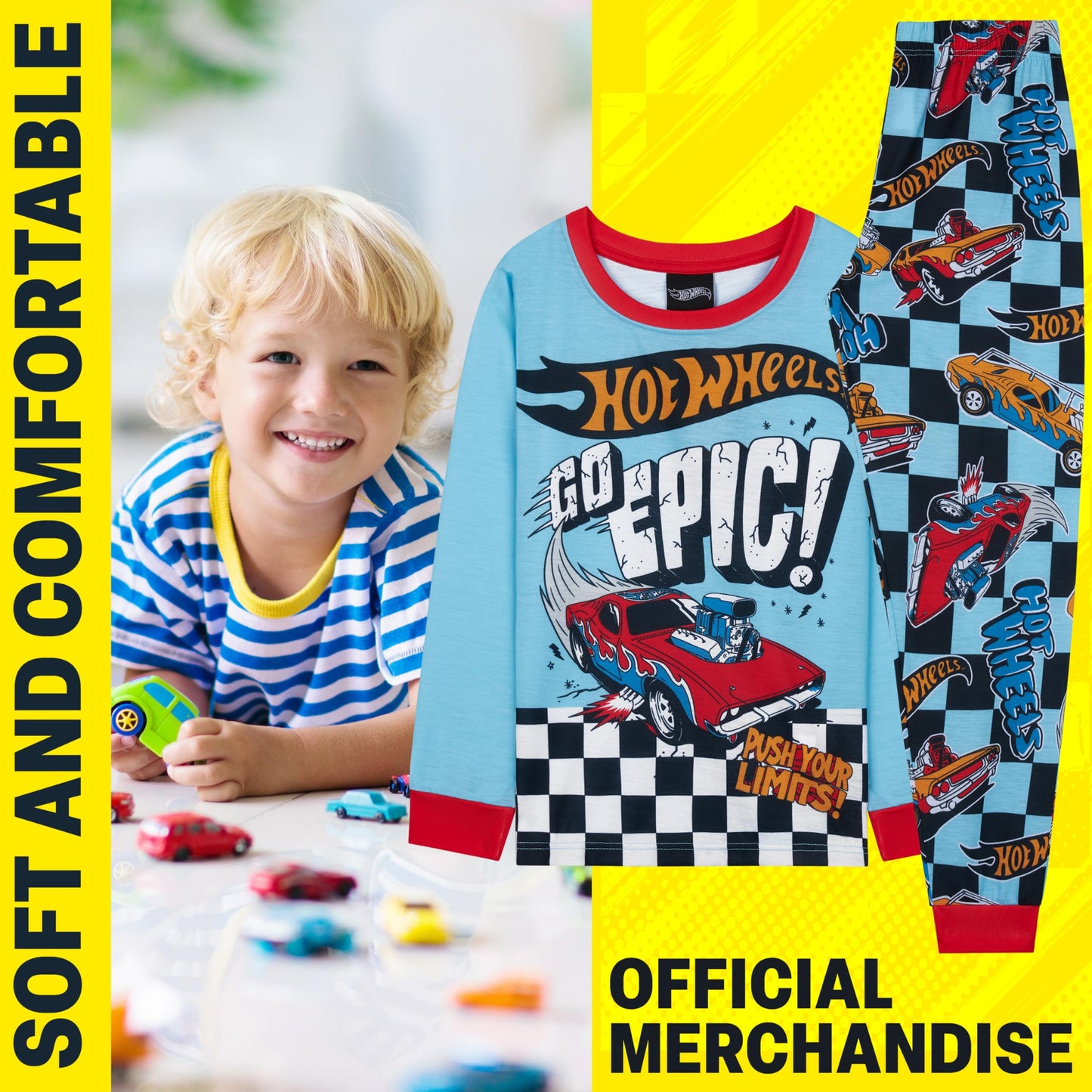 Get Trend Hot Wheels Pyjamas Set for Kids 2-7 Years, Long PJs for Toddlers, Winter Loungewear Nightwear, Gamer Gifts for Boys (2-3 Years, Blue Hot Wheels)
