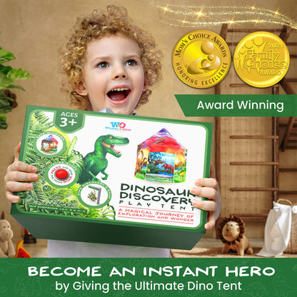 W&O Dinosaur Discovery Play Tent with a roaring button, colorful pop-up design for kids' indoor and outdoor adventures.