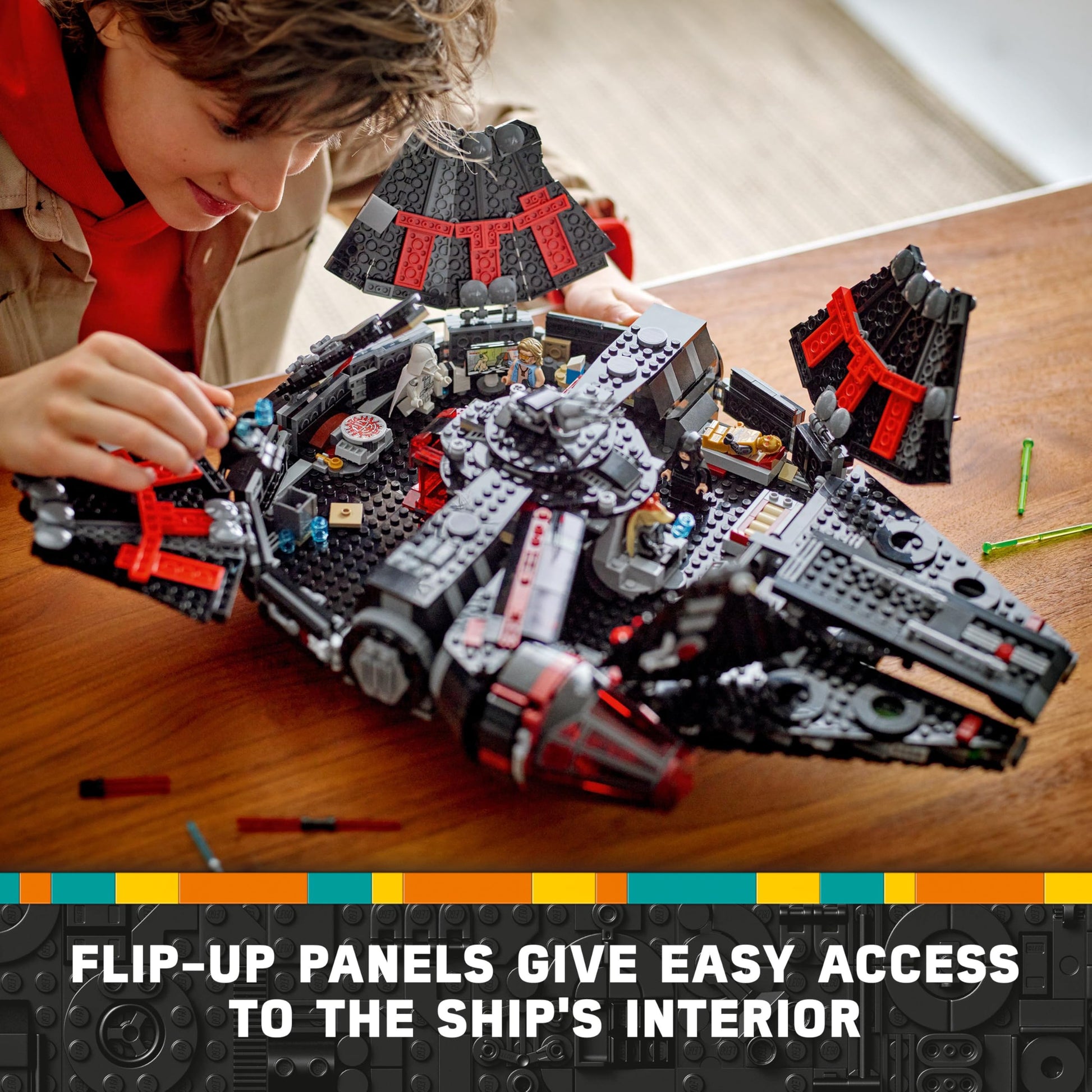 LEGO Star Wars 75389 The Dark Falcon with minifigures, spring-loaded shooters, and cannons for play and display.