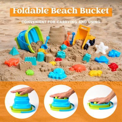 Sloosh Beach Sand Toys Set 24Pcs - Dump Truck Car Toy with Sand Molds for Toddlers Outdoor Play, Collapsible Foldable Buckets Mesh Bag Shovels Castle Animal Mold Sets, Kids Ages Sandbox Toys (Animals)