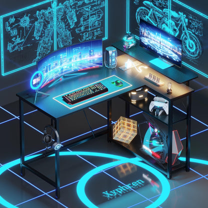 Xyphren L Shaped Gaming Desk with RGB LED Lights & Power Outlets, 100 cm Corner Computer Desk with Adjustable Shelves, Small Office Desk for Study Workstation, Carbon Black