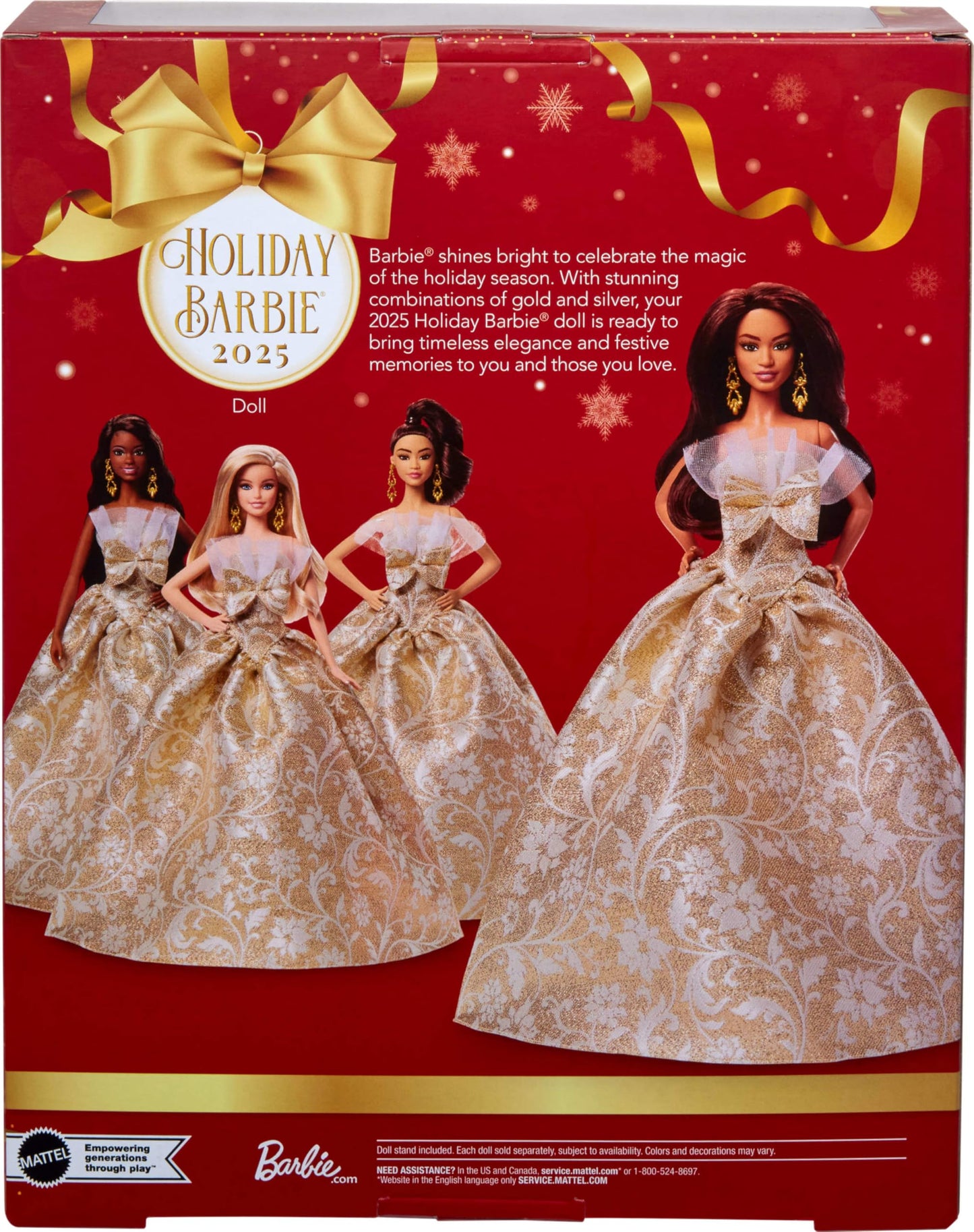 Barbie Signature 2025 Holiday fashion doll with dark brown hair in silver and gold gown, displayed in collectible packaging.