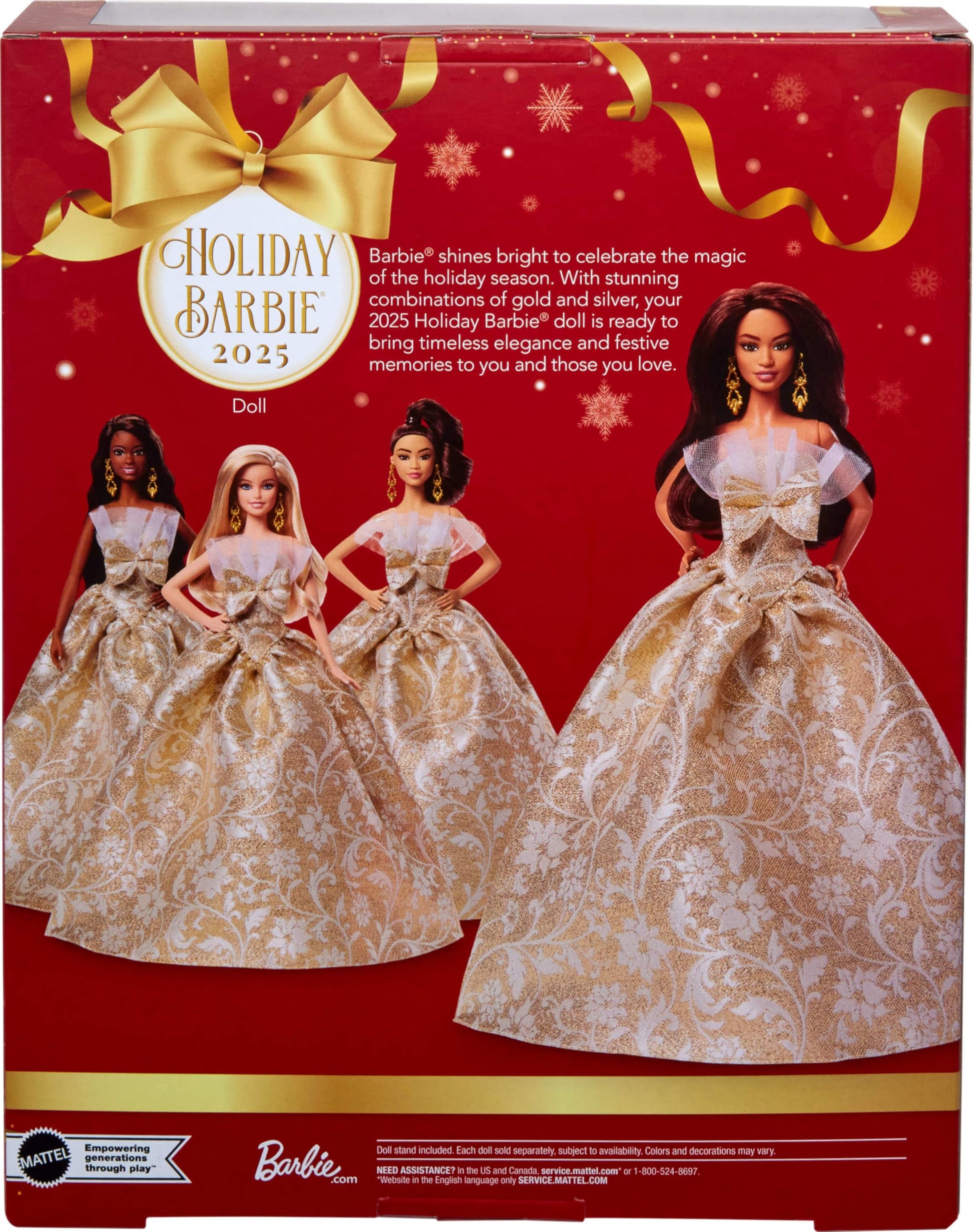 Barbie Signature 2025 Holiday fashion doll with dark brown hair in silver and gold gown, displayed in collectible packaging.