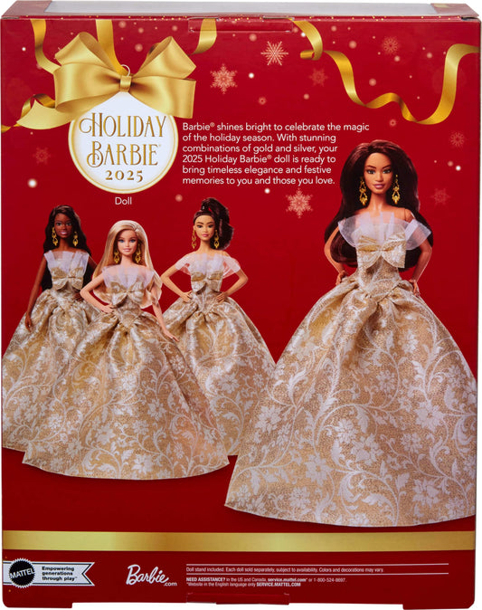 Barbie 2025 Holiday doll with dark brown hair, dressed in a silver and gold gown, in displayable packaging.