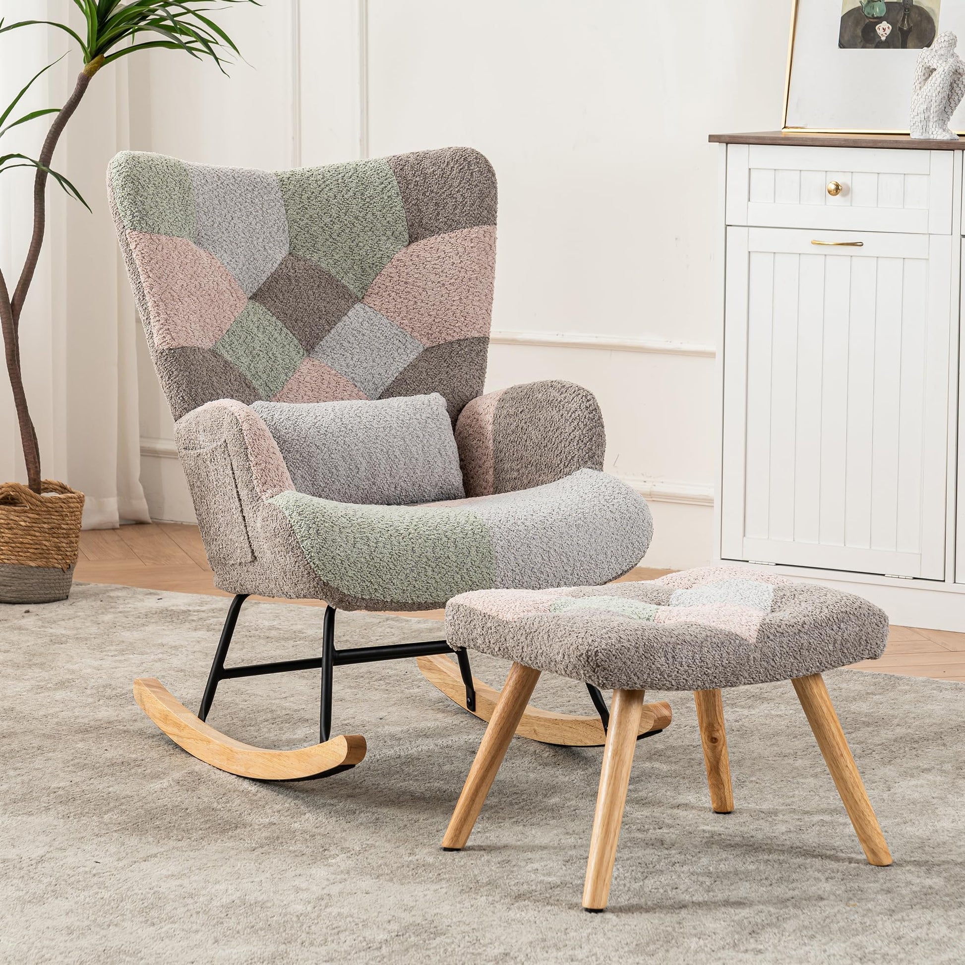 BTM rocking nursery chair with footstool, pillow, side pocket, in multicolor, ideal for living room, bedroom, or office.