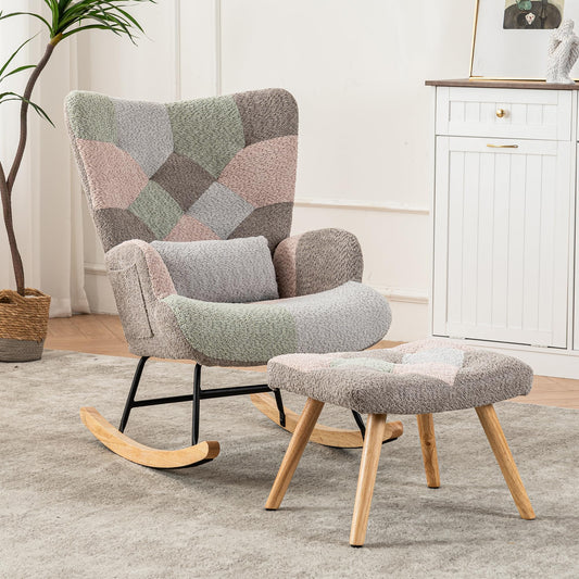 BTM rocking nursery chair with footstool, pillow, side pocket, in multicolor, ideal for living room, bedroom, or office.