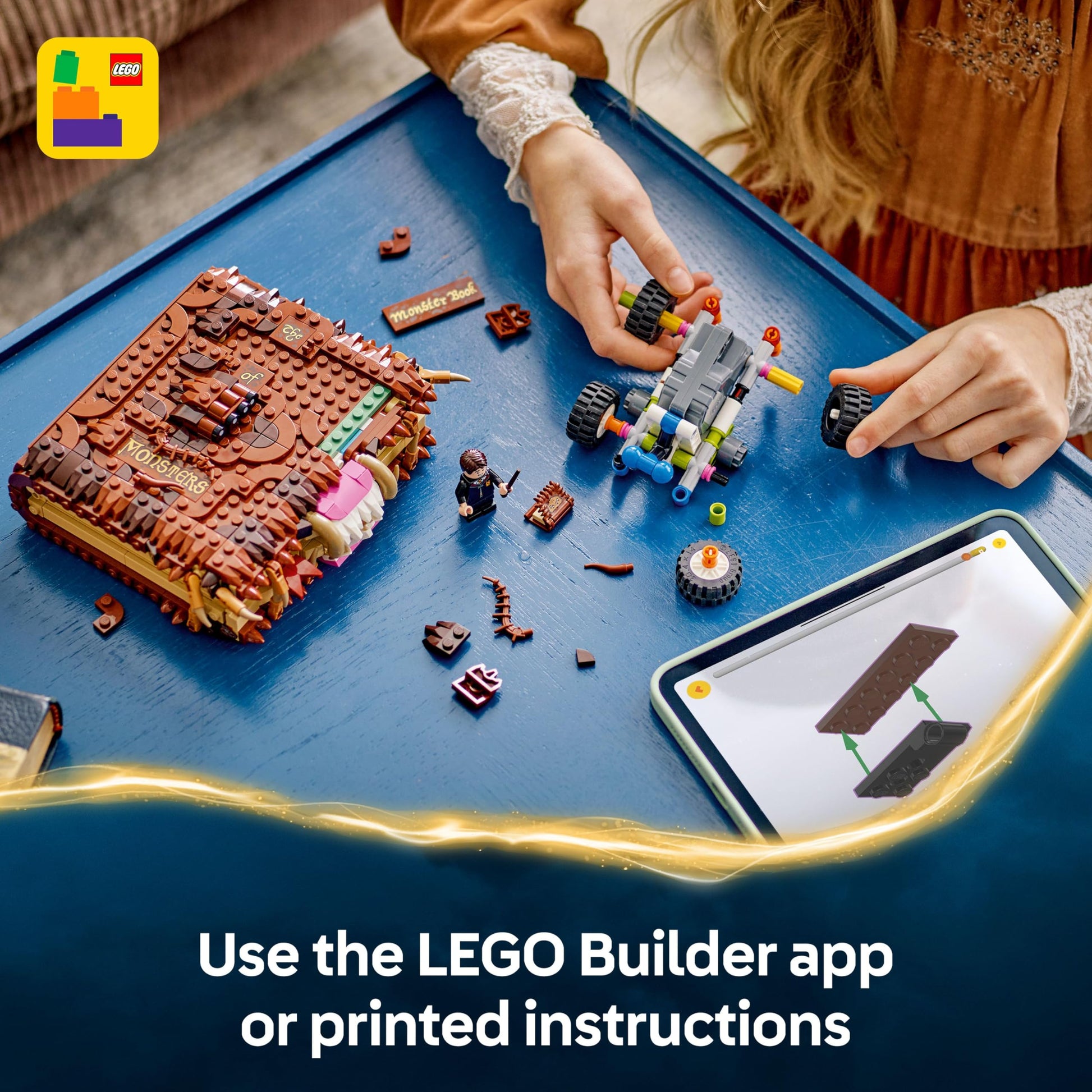 LEGO Harry Potter Chomping Monster Book of Monsters toy with pull-back motor and Neville Longbottom minifigure.