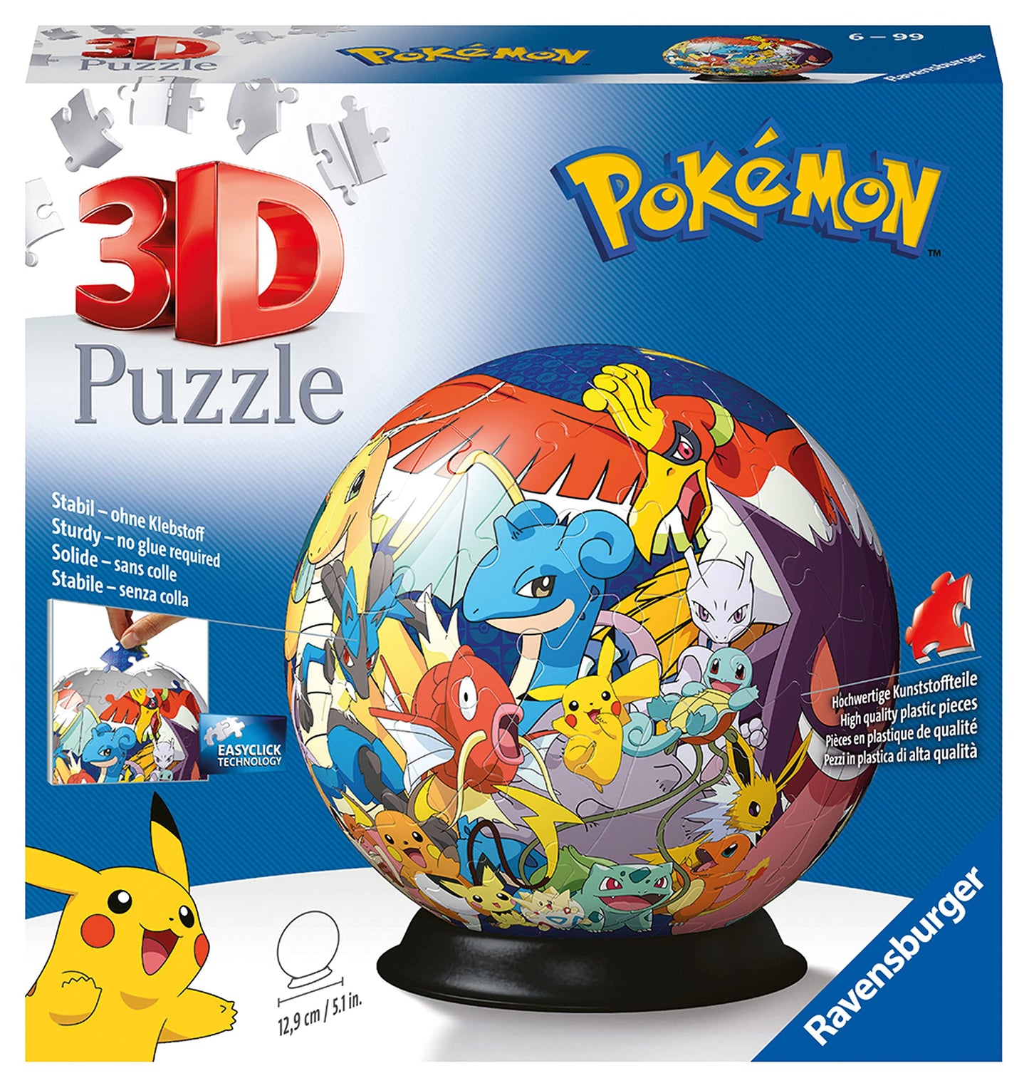 Ravensburger Pokemon 3D jigsaw puzzle ball featuring colorful Pokemon characters, perfect for kids aged 6 and up.
