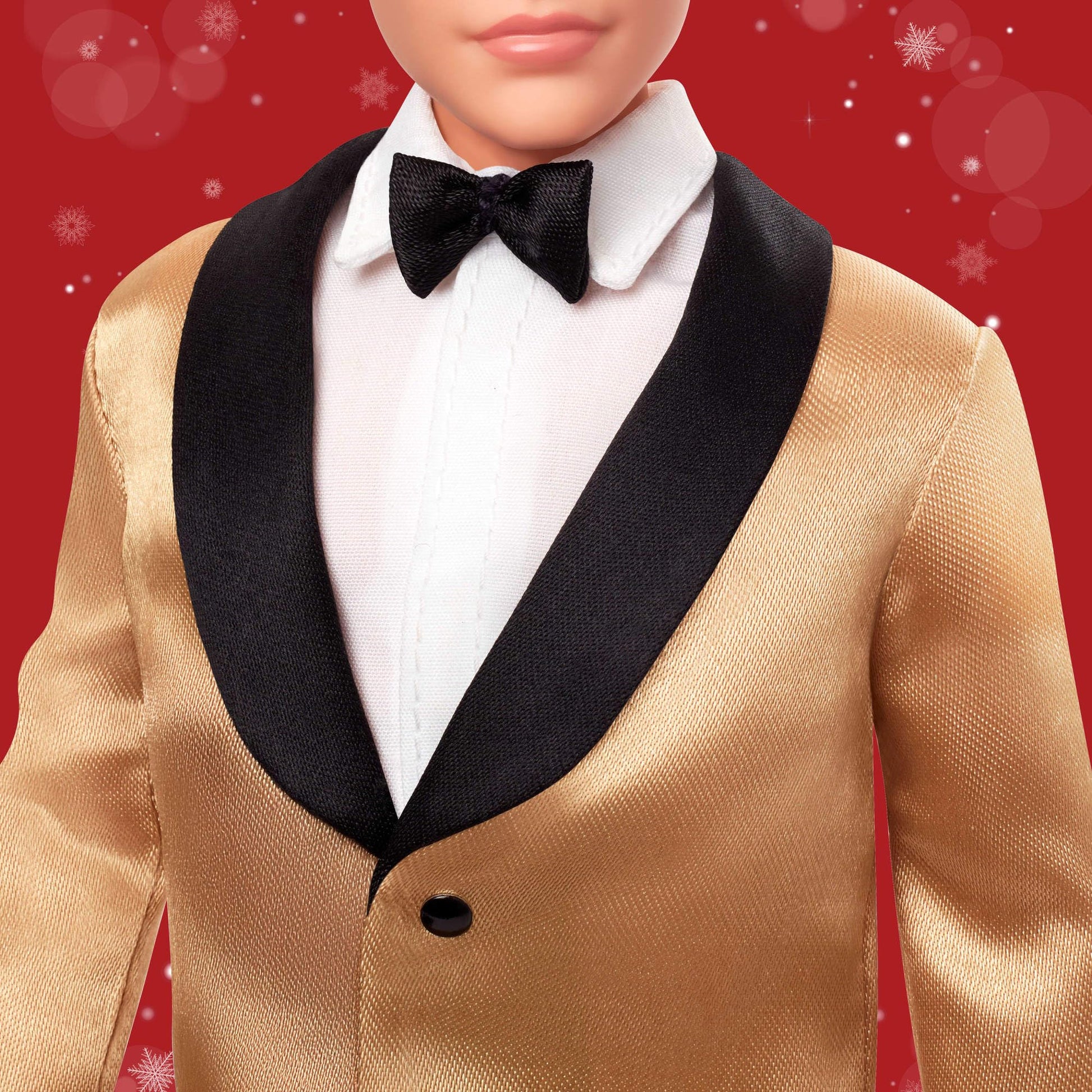 Barbie Signature 2025 Holiday Blonde Ken doll in full suit with golden jacket, displayed in collectible packaging.