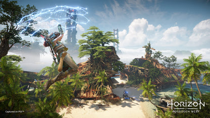 PlayStation Horizon Forbidden West game cover for PS5 featuring artwork of a female warrior in a lush, post-apocalyptic landscape.