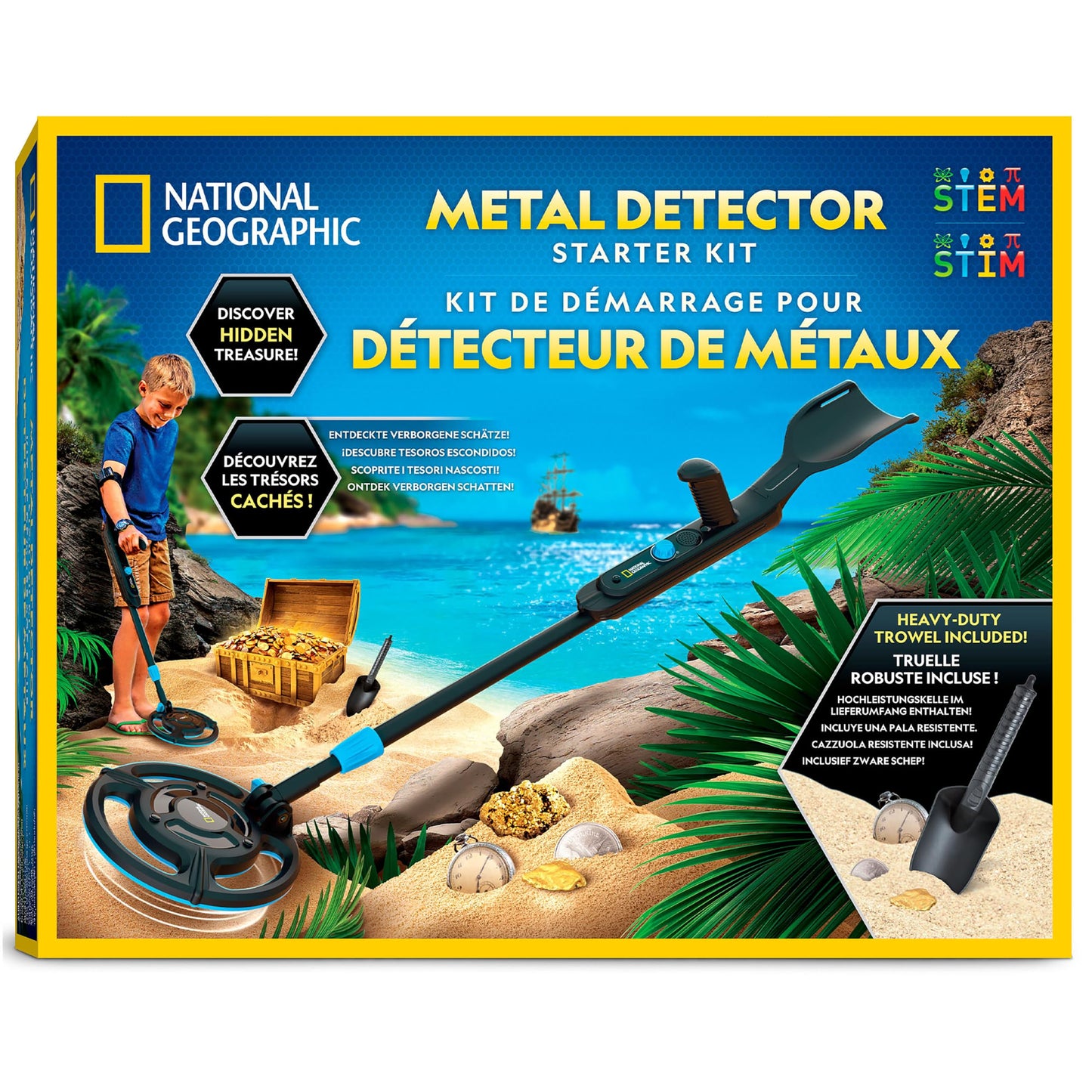Blue Marble National Geographic Kids Metal Detector kit with waterproof coil, trowel, ideal for gold hunting and beach exploration.