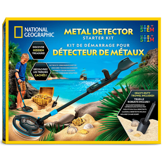 Blue Marble National Geographic Kids Metal Detector kit with waterproof coil, trowel, ideal for gold hunting and beach exploration.