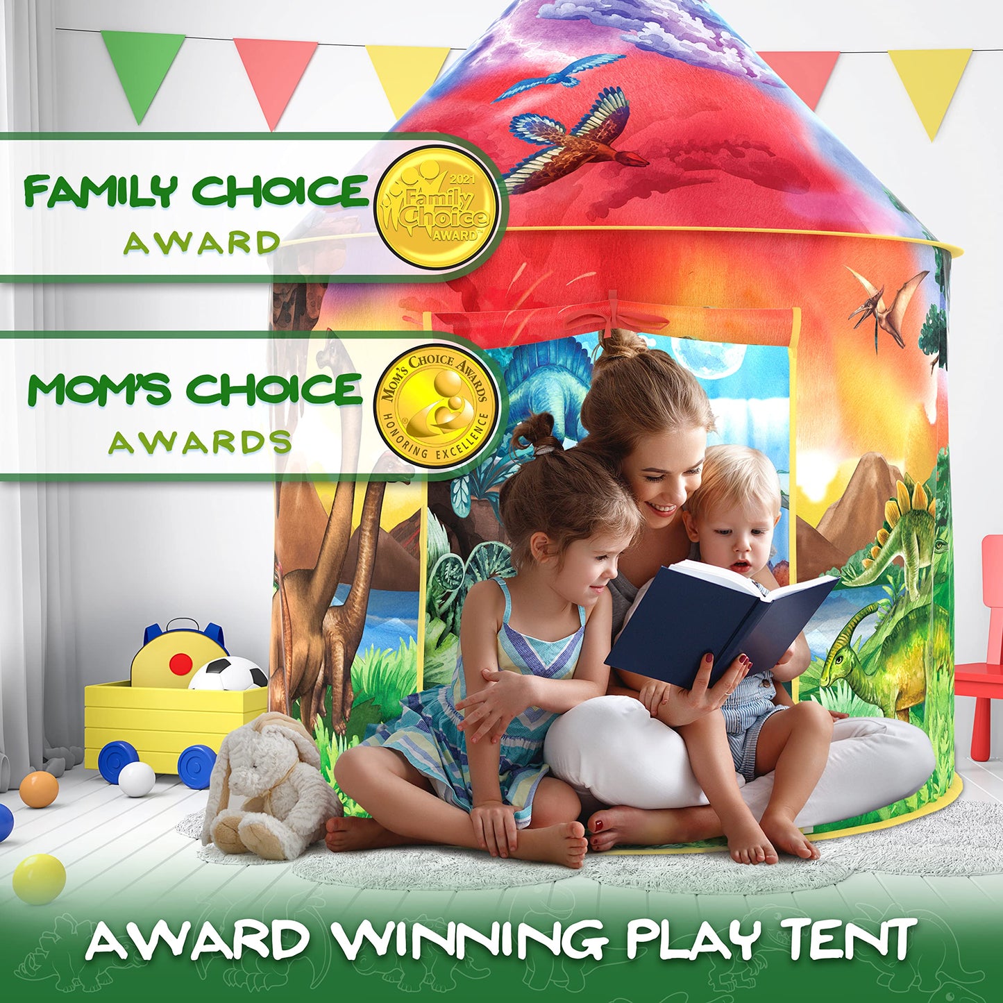 W&O Dinosaur Discovery Play Tent with roar button, featuring a colorful dinosaur design, ideal for indoor and outdoor kids’ adventures.