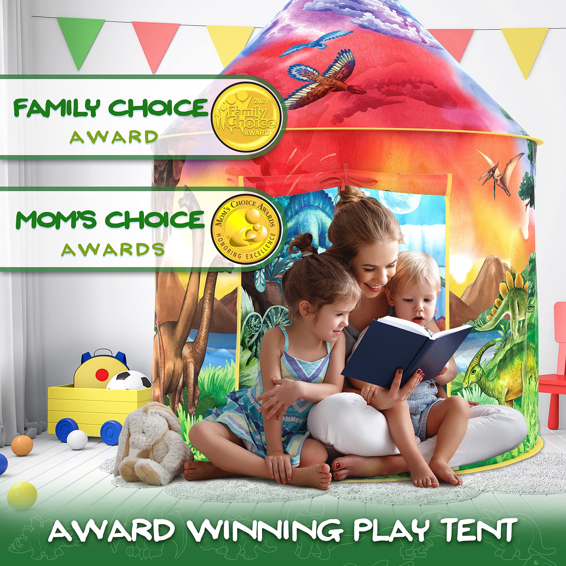 W&O Dinosaur Discovery Play Tent with roar button, featuring a colorful dinosaur design, ideal for indoor and outdoor kids’ adventures.