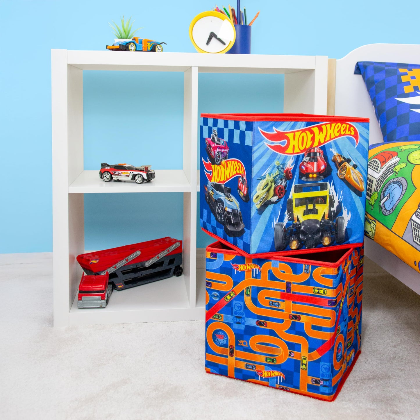 CHARACTER WORLD Hot Wheels Officially Licensed Storage Boxes | 2 pack Foldable Storage Cubes| Perfect For Organising Children's Room, Kids Playroom, 30 x 30cm, Blue, Orange