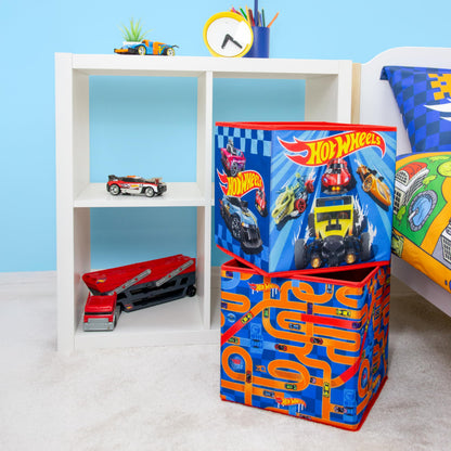 CHARACTER WORLD Hot Wheels Officially Licensed Storage Boxes | 2 pack Foldable Storage Cubes| Perfect For Organising Children's Room, Kids Playroom, 30 x 30cm, Blue, Orange