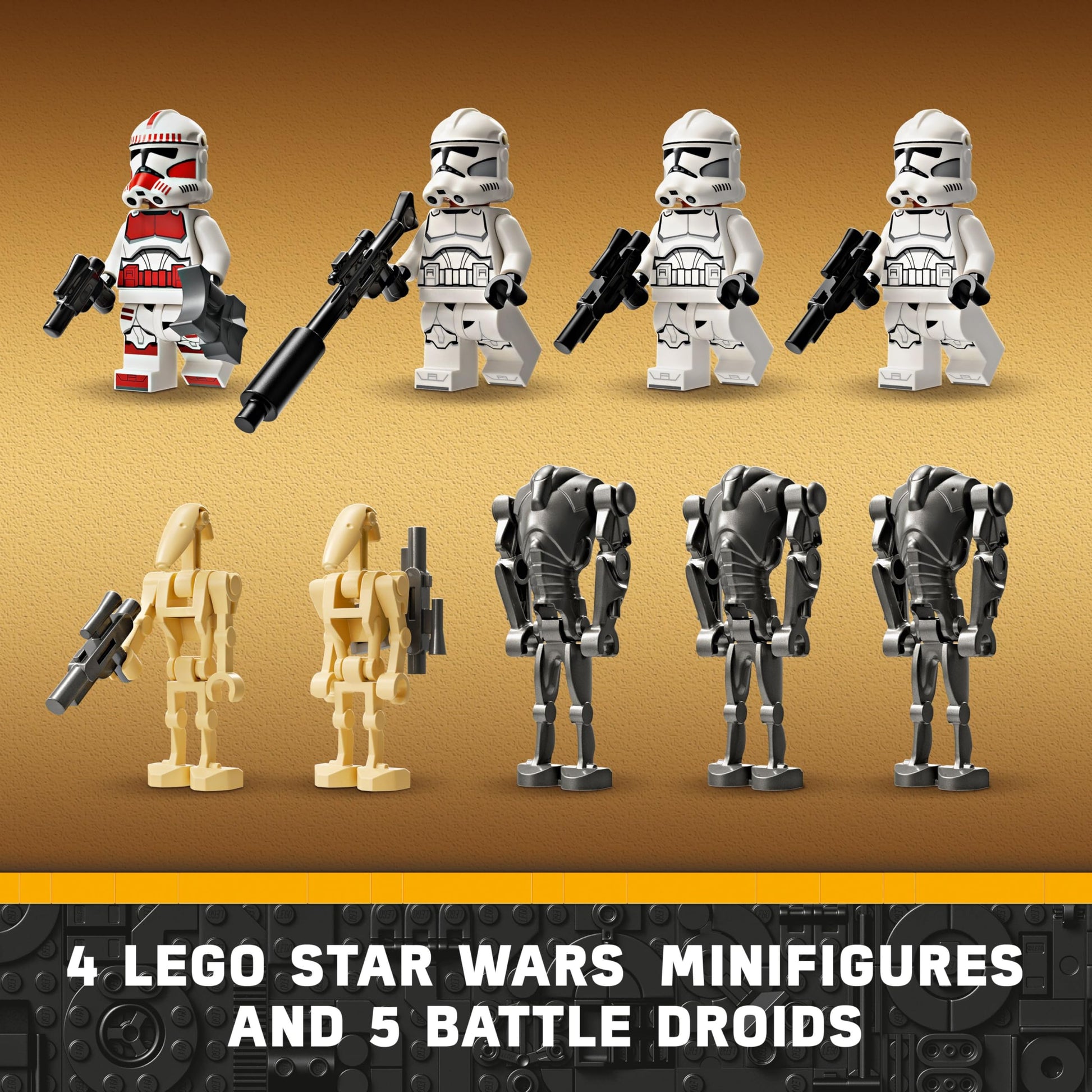 LEGO Star Wars Clone Trooper and Battle Droid Battle Pack with minifigures, droids, and speeder bike in action scene.
