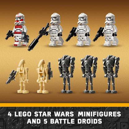 LEGO Star Wars Clone Trooper and Battle Droid Battle Pack with minifigures, droids, and speeder bike in action scene.