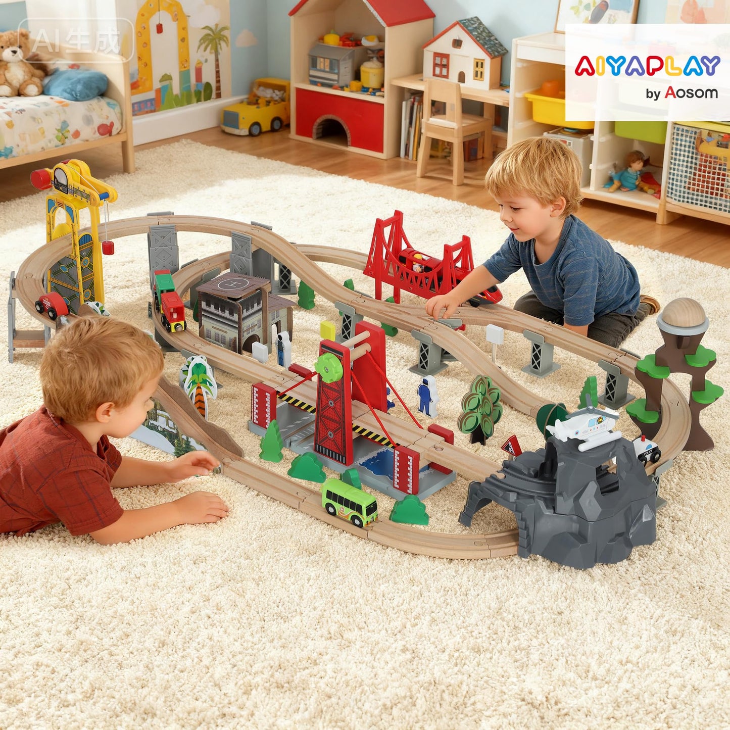 AIYAPLAY wooden train set with tracks, crane, bridge, helicopter, and magnetic railway pieces for kids aged 3+ in vibrant colors.