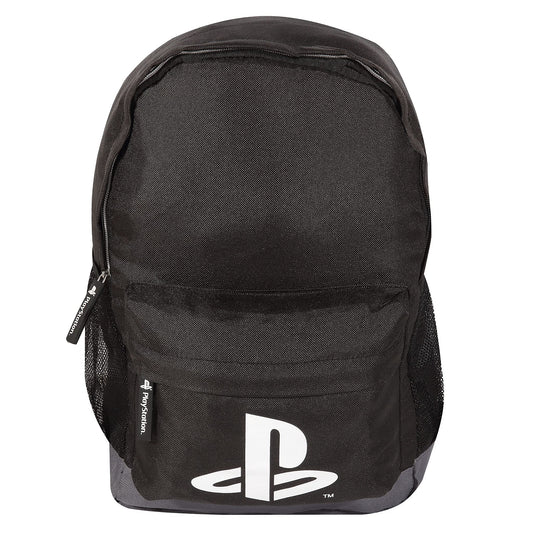 Popgear boys' black PlayStation logo backpack with adjustable straps, featuring official gaming merchandise for kids.