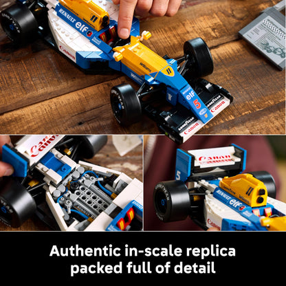 LEGO Icons F1 car model set of Williams Racing FW14B with Nigel Mansell minifigure and trophy on display stand.