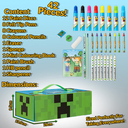 Minecraft Art Supplies Set with Colouring Pencils Felt Tip Pens Watercolour Paints Wax Crayons for Drawing Painting Set Creeper Travel Art Set Gamer Gifts