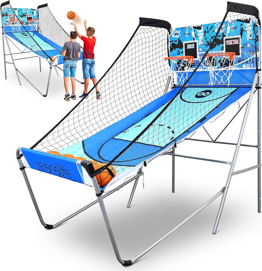 SereneLife Basketball Arcade Game, Foldable Dual Shot Basket Ball Hoop Game, Outdoor Sport Indoor Home Arcade Room w/ Digital LED Scoreboard & Play Timer, Electronic Shooting Machine for Kids & Adults