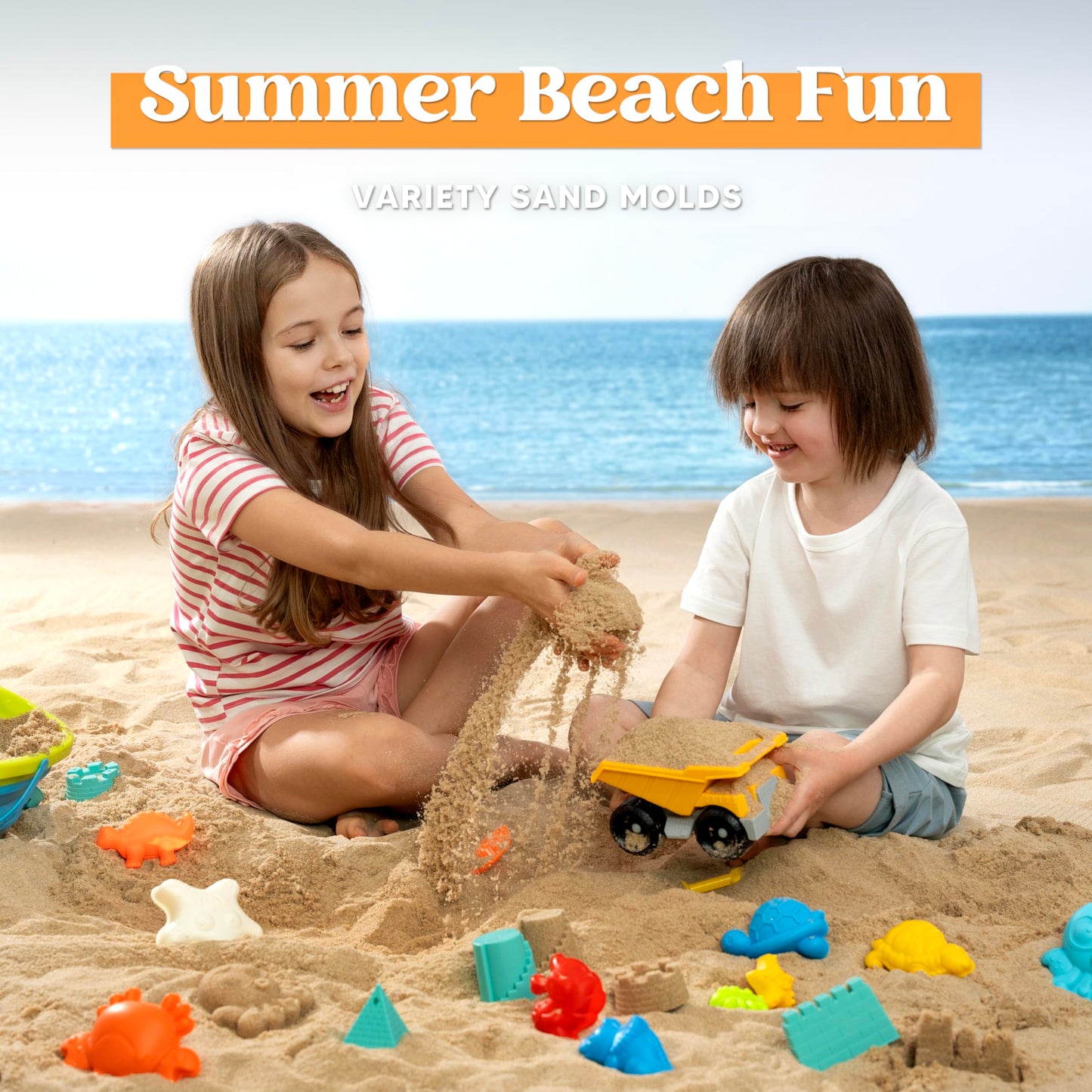 Sloosh Beach Sand Toys Set 24Pcs - Dump Truck Car Toy with Sand Molds for Toddlers Outdoor Play, Collapsible Foldable Buckets Mesh Bag Shovels Castle Animal Mold Sets, Kids Ages Sandbox Toys (Animals)