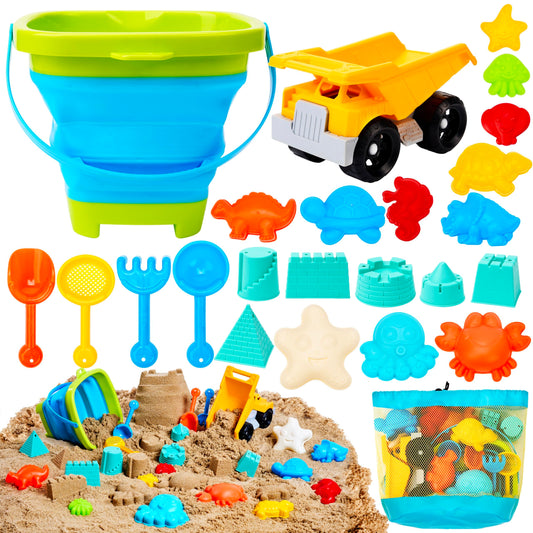 Sloosh Beach Sand Toys Set 24Pcs - Dump Truck Car Toy with Sand Molds for Toddlers Outdoor Play, Collapsible Foldable Buckets Mesh Bag Shovels Castle Animal Mold Sets, Kids Ages Sandbox Toys (Animals)