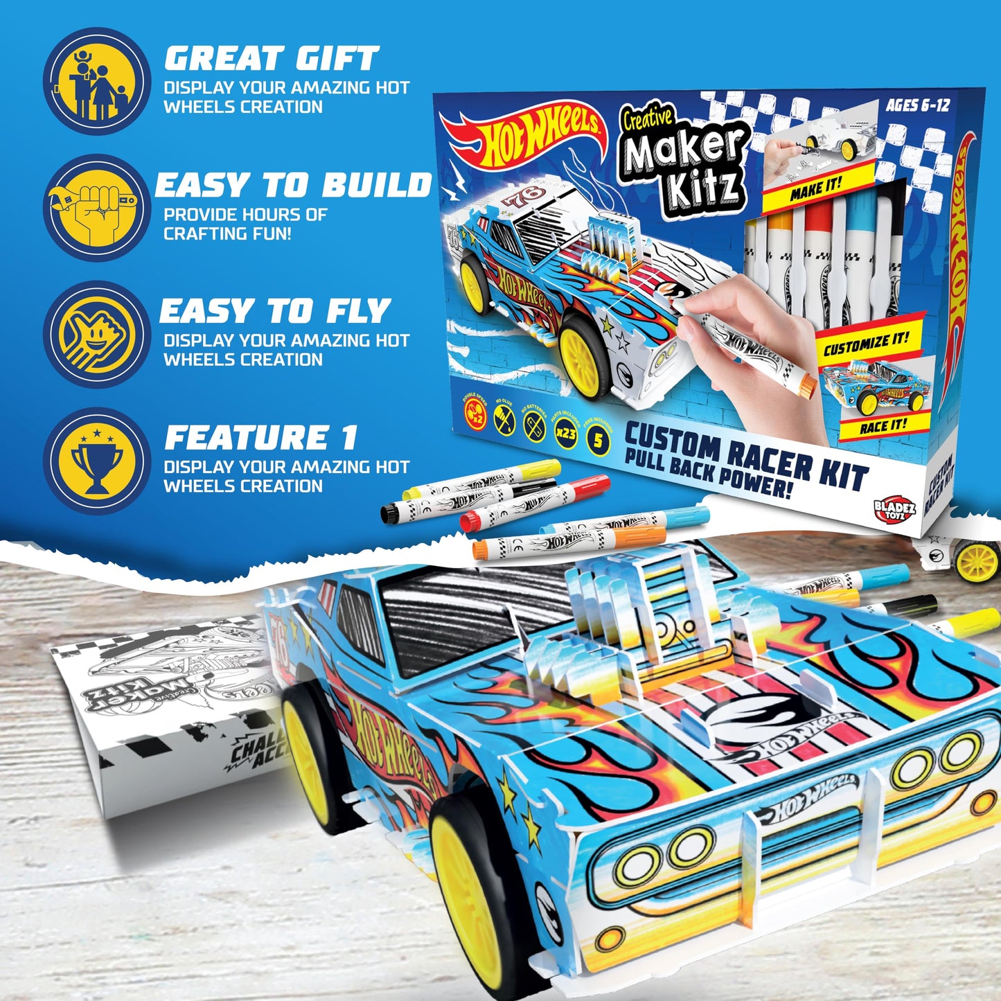 Hot Wheels by Bladez Toyz Make Your Own Car Art Set For Kids 6-12 with Markers - Hotwheels Racer Kit for Creative Play - Kids Colouring Sets and STEM Learning - Customizable & Eco-Friendly