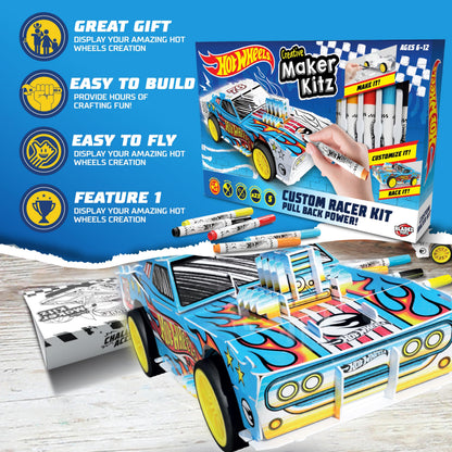 Hot Wheels by Bladez Toyz Make Your Own Car Art Set For Kids 6-12 with Markers - Hotwheels Racer Kit for Creative Play - Kids Colouring Sets and STEM Learning - Customizable & Eco-Friendly