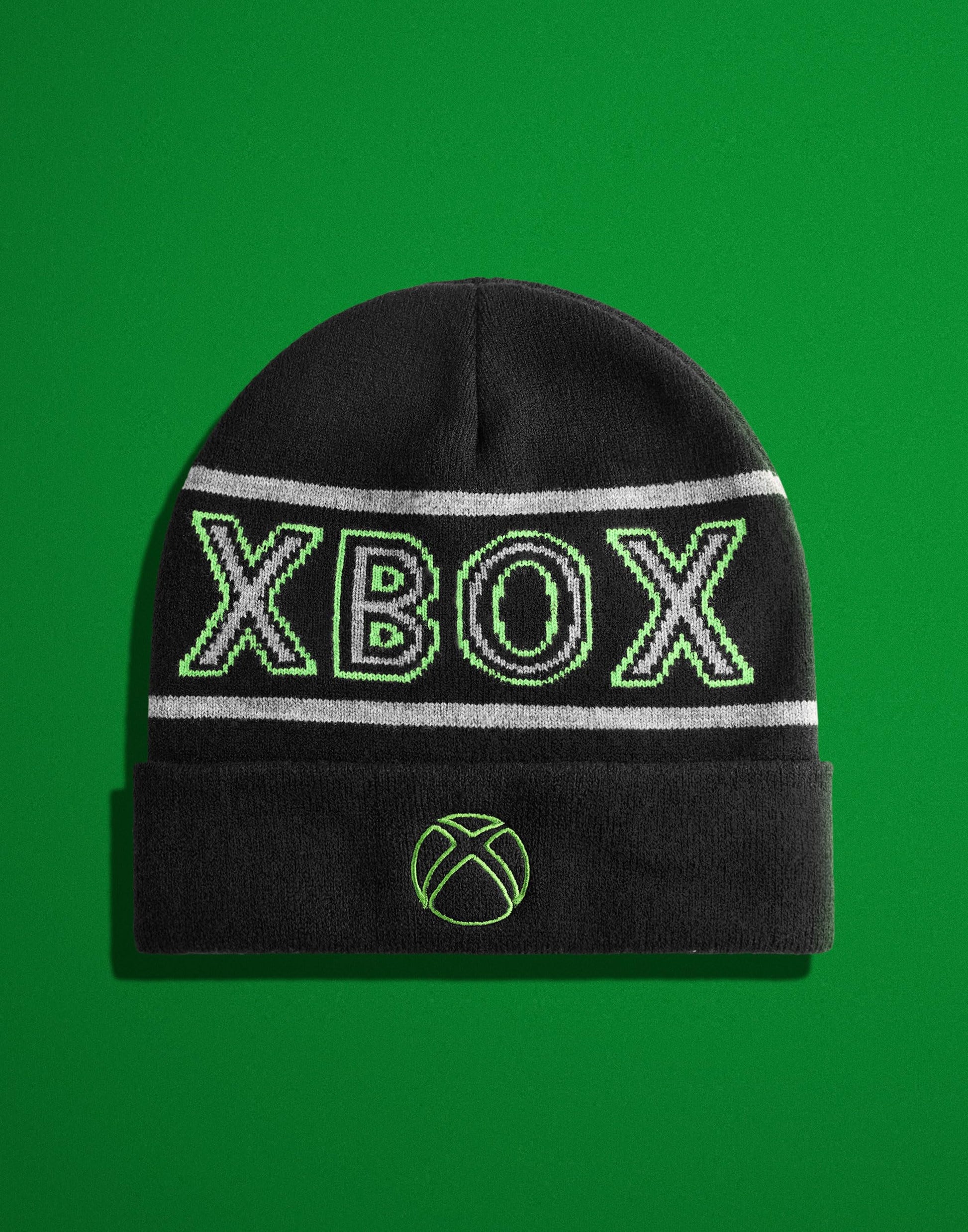 Black Xbox boys beanie hat with knitted design and embroidered logo, warm cuffed winter hat for kids and gamers.